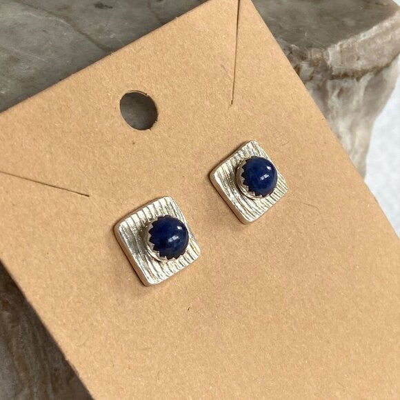 Designer Sterling Silver 925 Round Sodalite Cabochon Square Stud Earrings - Picture 9 of 16